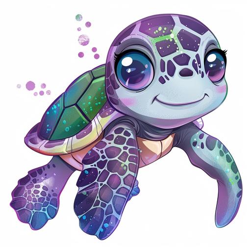 a cartoon of a cute, happy sea turtle with hints of purple, green, and blue in its shell, with big eyes and a white background.