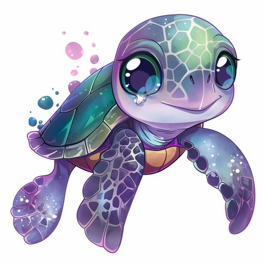 a cartoon of a cute, happy sea turtle with hints of purple, green, and blue in its shell, with big eyes and a white background. --v 6.0