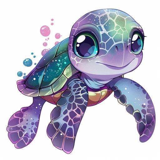 a cartoon of a cute, happy sea turtle with hints of purple, green, and blue in its shell, with big eyes and a white background.