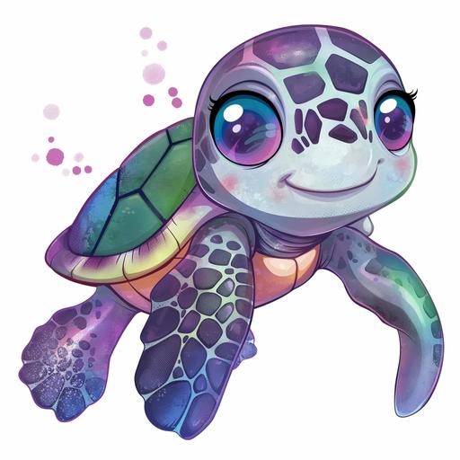 a cartoon of a cute, happy sea turtle with hints of purple, green, and blue in its shell, with big eyes and a white background. --v 6.0