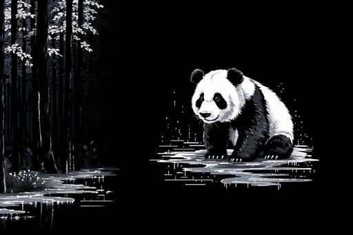 panda bear in black and white pixel art style background completely black --ar 3:2