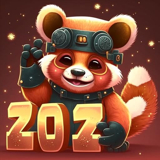 red panda, computer show happy new year, cartoon style,