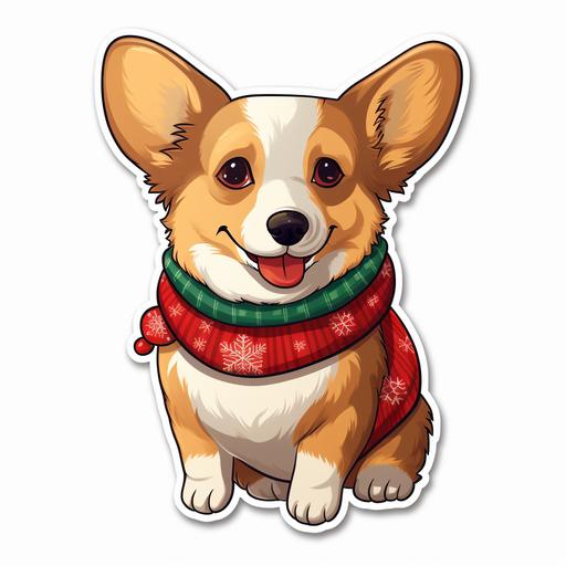 cute kawaii style corgi sticker. White background and the corgi is wearing a christmas sweater.