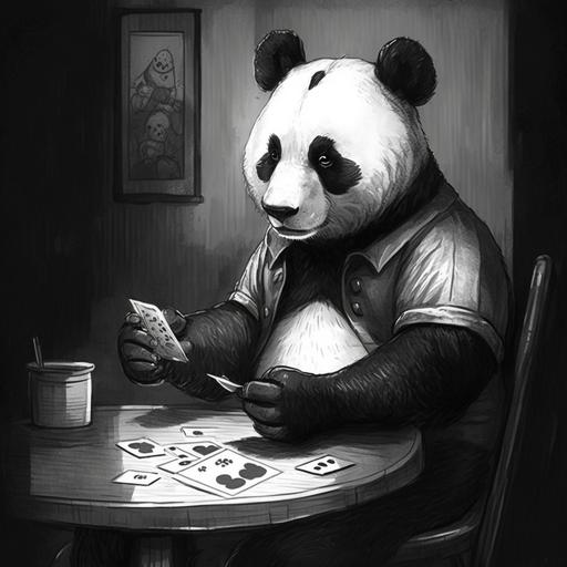 panda playing poker in line art