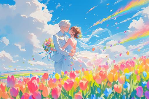 a white haired man and a girl with brown hair getting married in a field of rainbow tulips anime style --niji 6 --ar 3:2