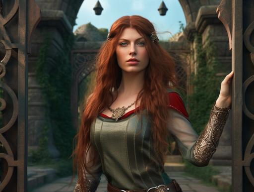 panoramic shot of stunningly beautiful female warrior goddess Red Sonya in her 20s with flowing hair, stunningly detailed green eyes, dark mascara, tattoo on her left arm, chain-mail, standing tall in front of a castle gate, Epic fantasy art, sharp, Artstation, 8k, UHD, --no weapon watermark --ar 4:3 --v 5