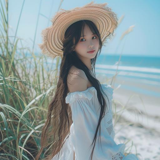 panoramic view front view | long shot | full body | a gorgeous asian girl with a straw hat, white skin, standing on the ground. the background is the beach, realistic | in the style of RahXephon --v 6.0 --style raw