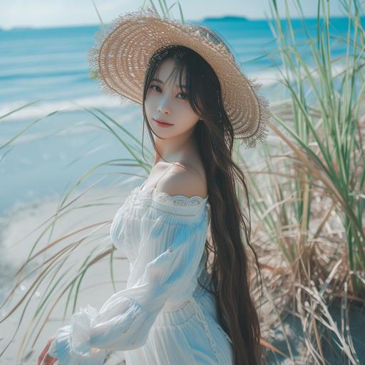 panoramic view front view | long shot | full body | a gorgeous asian girl with a straw hat, white skin, standing on the ground. the background is the beach, realistic | in the style of RahXephon --v 6.0 --style raw