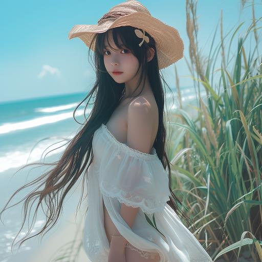 panoramic view front view | long shot | full body | a gorgeous asian girl with a straw hat, white skin, standing on the ground. the background is the beach, realistic | in the style of RahXephon --v 6.0  --style raw