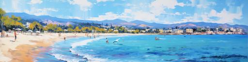 panoramic view of a natural Mediterranean beach landscape, painted in contemporary impressionist style with wide palette knife strokes 16:9 image format --aspect 20:5