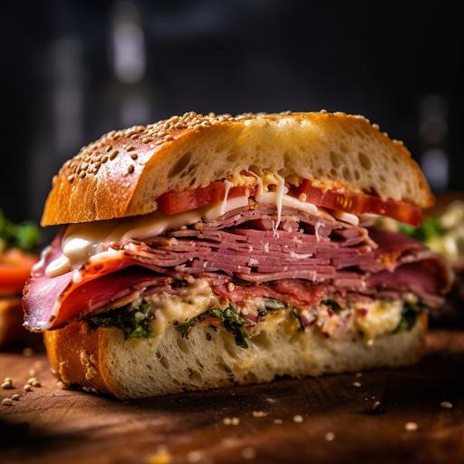 panuozzo sandwich com muita mortadela e prato dukkah, na mesa do lado de fora, usando a Sony Alpha A7R IV, estilo de fotografia de alimentos, lente macro, close-up 50mm f / 1,4