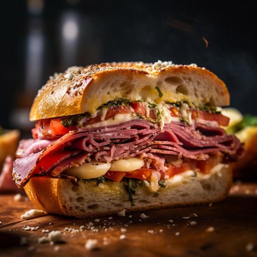 panuozzo sandwich com muita mortadela e prato dukkah, na mesa do lado de fora, usando a Sony Alpha A7R IV, estilo de fotografia de alimentos, lente macro, close-up 50mm f / 1,4