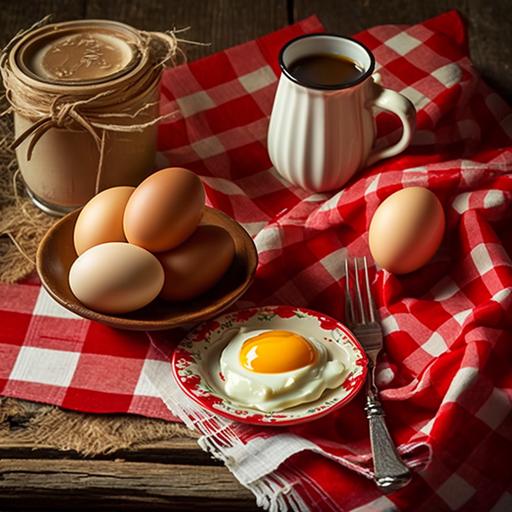 paoched eggs and coffee breakfast on red white checkered a table cover