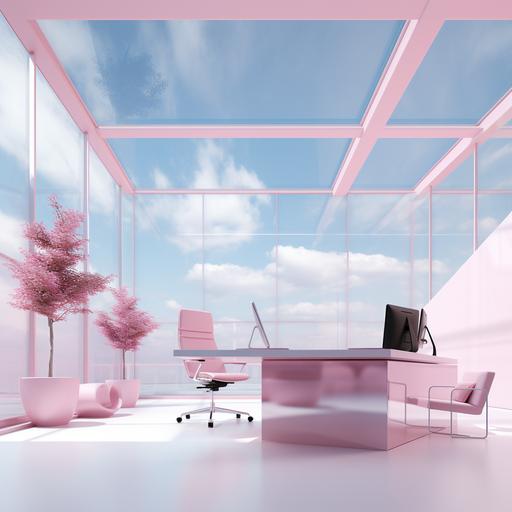 Pink hyper realistic and detailed modern minimal office. The roof is transparent and cover with water. hd. calm peaeful environmen. resolution 1920x1080