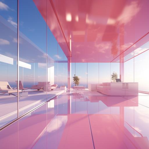 pink hyper realistic and detailed modern minimal office. The roof is transparent and cover with water. hd. calm peaeful environment