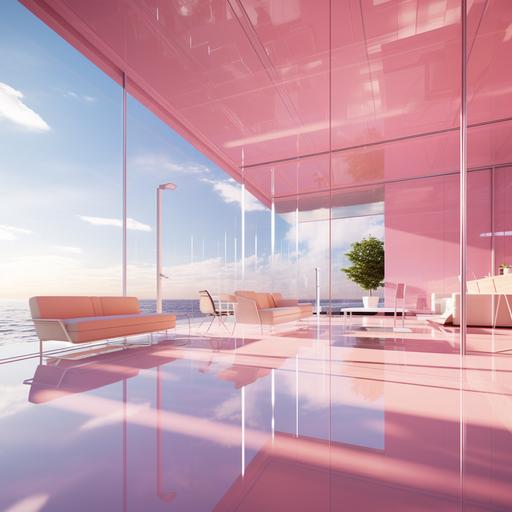 pink hyper realistic and detailed modern minimal office. The roof is transparent and cover with water. hd. calm peaeful environment