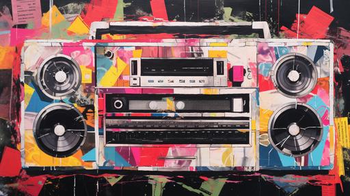 paper collage made out of magazine pieces, torn paper, boombox, 90s, maria rivans style, Kodakfilm 35 mm, ISO 100, f/2 --ar 16:9