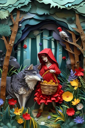 paper cut craft, paper illustration, dramatis personae little-red-riding-hood carrying basket and the wolf meet in the forest, colorful, very detailed, 8k --ar 2:3 --v 6.0