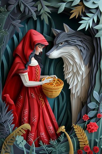 paper cut craft, paper illustration, dramatis personae little-red-riding-hood carrying basket and the wolf meet in the forest, colorful, very detailed, 8k --ar 2:3 --v 6.0