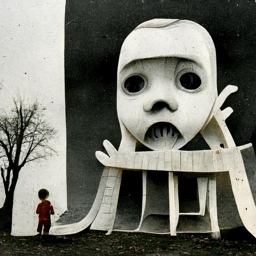 paper sculpture, white twisted metal slide, child at top of slide weeping with face in hands, eerie playground, children