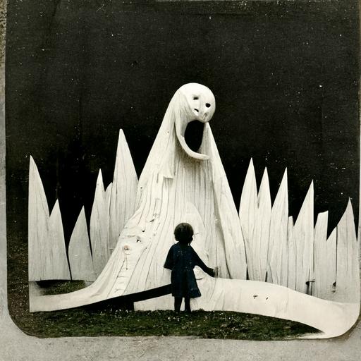 paper sculpture, white twisted metal slide, child at top of slide weeping with face in hands, eerie playground, children