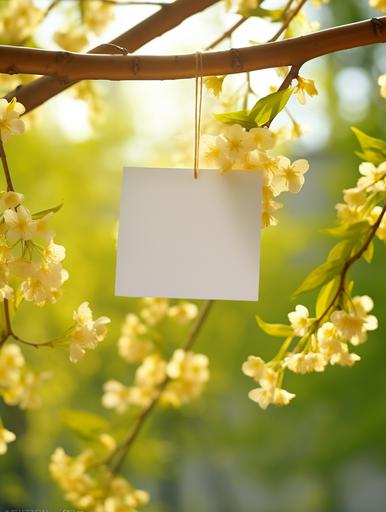 paper with a yellow envelope hanging on a branch with flowers, in the style of 32k uhd, white, wimmelbilder, rectangular fields, light and airy --ar 3:4