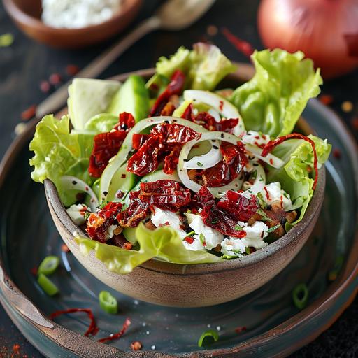 paprika salad with cottage curd, sun dried tomatoes, Lettuce leaves and Onions in a bow