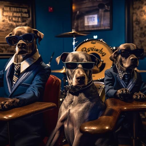 Three blue skinned dogs playing blues, they are a music trio, playing drums, guitar and bass, live show, mean looking, ray ban sunglasses, mafia clothing, sharp dressed, at a bar --v 5 --s 750