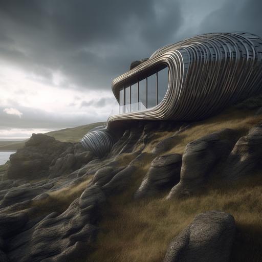 parametric house on the edge of a beautiful cliffs in scotland, architecture, cloudy, enviroment, --v 5