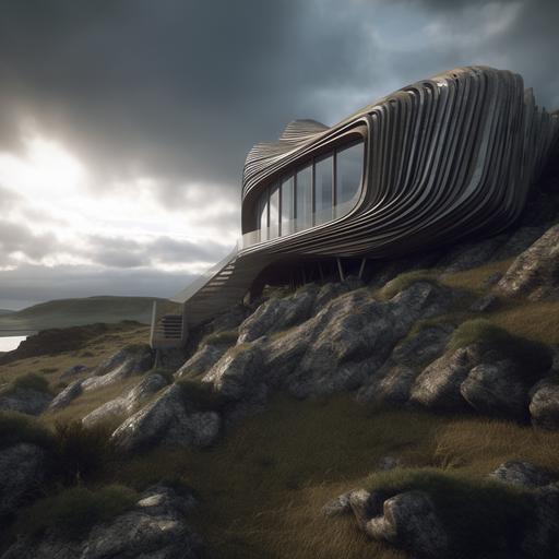 parametric house on the edge of a beautiful cliffs in scotland, architecture, cloudy, enviroment, --v 5