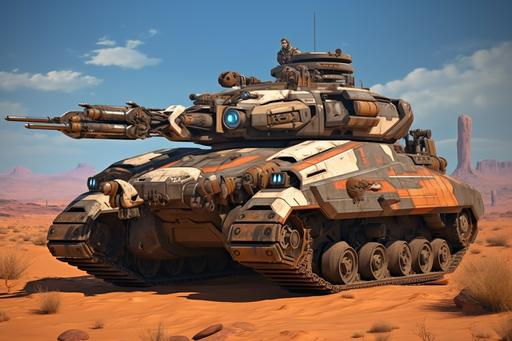 paramilitary tiger tank, self propelled artillery, machinarium, borderlands, concept design, industrial design, procreate, desert tiger stripe camouflage, sci fi 🐯 --ar 3:2 --c 22 --s 222 --no tiger
