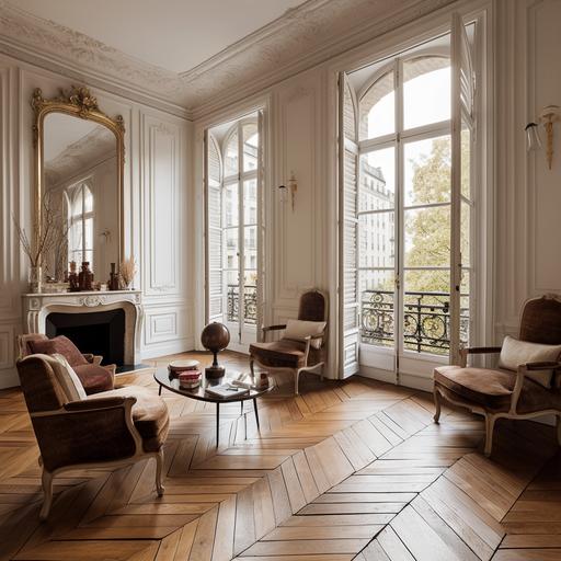 paris apartment, white walls, floor-to-ceiling wall paneling, old herringbone parquet floor, tall windows, double windows with iron balcony, moldings, and marble mantels, mid-century modern furniture
