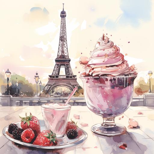 paris france eiffel tower background, blackberries, whipped cream, french pastries, ice cream, cofffee. surrealist art style, modern watercolor, pastel colors.