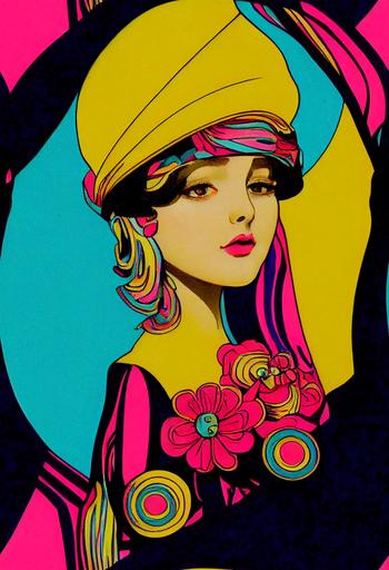 paris porcelain doll, fun, art deco, 1970s, hippy, magenta yellow turquoise chartreuse black, Alphonse Mucha style, peter max style, texture, strong linework, flat, clean --ar 2:3 --tile --no letters words signature --upbeta --test --creative