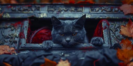 high fashion cat vampire model climbing out of the vampire coffin, 🧛⚰️🦇🧛‍♀️🧛‍♂️🐈🐅🐆⚰️ --ar 2:1 --s 713 --weird 0.7 --c 34 --v 6.0