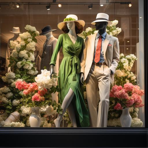 store window display featuring man and women in kentucky derby attire, in the ralph lauren polo vintage ivy league style