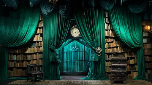 partly covered with green, tattered velvet curtains, shelves of books, in corridoor wall vaudeville style long wall of blue curtains , in style of pop-up book, shelves with hundreds of top hats, bottles of potions --ar 16:9