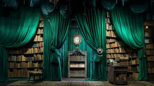 partly covered with green, tattered velvet curtains, shelves of books, in corridoor wall vaudeville style long wall of blue curtains , in style of pop-up book, shelves with hundreds of top hats, bottles of potions --ar 16:9