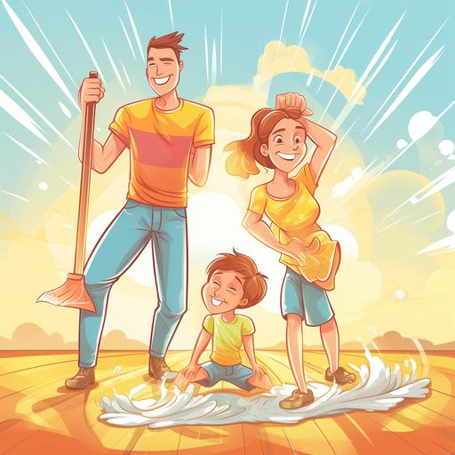 a family acts as a team to clean a living room, the sun shines, cartoon style