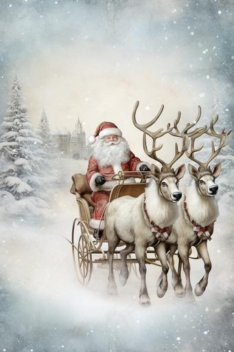 pastel christmas santa claus with sleigh and reindeers illustration digital junk journal page --ar 2:3