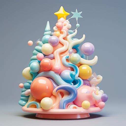 pastel christmas tree with light ornaments from petal christmas tree 87462, in the style of absurdist installations, colorful and playful, popart inspired, Barbiecore, made of ceramic sand sculptures, translucent color, ceramic, orderly arrangements, kawaii Christmas room, duckcore