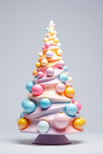 pastel christmas tree with light ornaments from petal christmas tree 87462, in the style of absurdist installations, colorful and playful, popart inspired, Barbiecore, made of ceramic sand sculptures, translucent color, ceramic, orderly arrangements, duckcore --ar 2:3