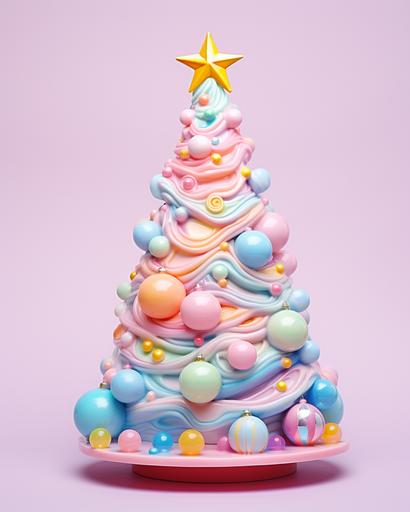 pastel christmas tree with light ornaments from petal christmas tree 87462, in the style of absurdist installations, colorful and playful, popart inspired, Barbiecore, made of ceramic sand sculptures, translucent color, ceramic, orderly arrangements, kawaii Christmas room, duckcore --ar 4:5