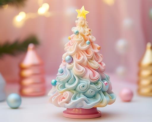 pastel christmas tree with light ornaments from petal christmas tree 87462, in the style of absurdist installations, colorful and playful, popart inspired, Barbiecore, made of ceramic sand sculptures, translucent color, ceramic, orderly arrangements, bokeh lighting, kawaii Christmas aesthetic backdrop, duckcore --ar 5:4