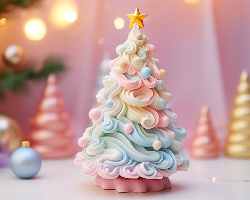 pastel christmas tree with light ornaments from petal christmas tree 87462, in the style of absurdist installations, colorful and playful, popart inspired, Barbiecore, made of ceramic sand sculptures, translucent color, ceramic, orderly arrangements, bokeh lighting, kawaii Christmas aesthetic backdrop, duckcore --ar 5:4