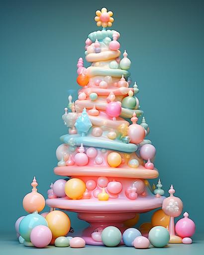 pastel christmas tree with light ornaments from petal christmas tree 87462, in the style of absurdist installations, colorful and playful, popart inspired, Barbiecore, made of ceramic sand sculptures, translucent color, ceramic, orderly arrangements, kawaii Christmas room, duckcore --ar 4:5
