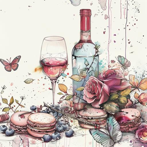 pastel colors, macarons, roses, twigs, butterflies, and wine in the art style of Ralph Steadman, white background.