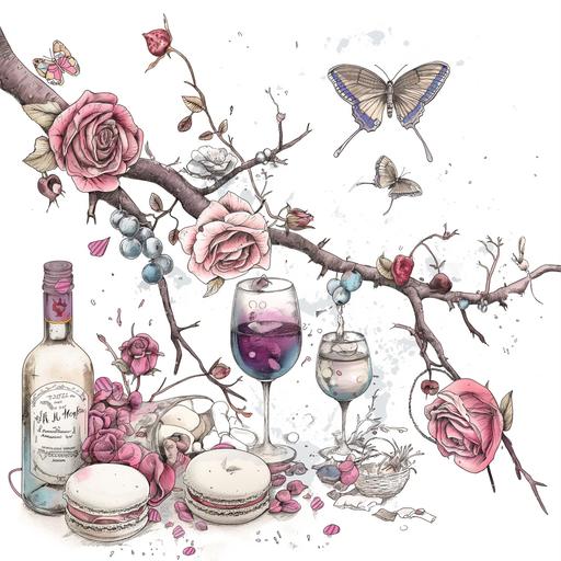 pastel colors, macarons, roses, twigs, butterflies, and wine in the art style of Ralph Steadman, white background.