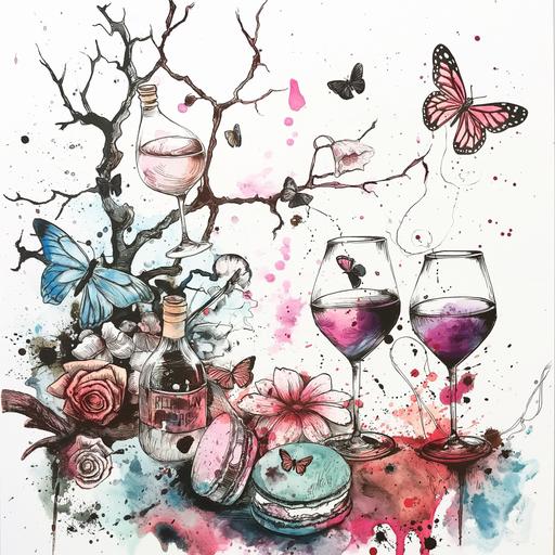 pastel colors, macarons, roses, twigs, butterflies, and wine in the art style of Ralph Steadman, white background.