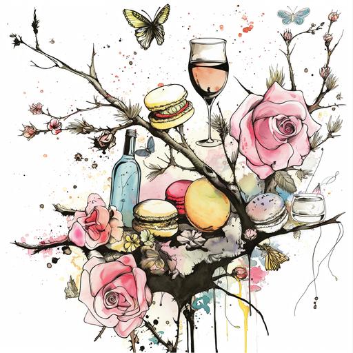 pastel colors, macarons, roses, twigs, butterflies, and wine in the art style of Ralph Steadman, white background.